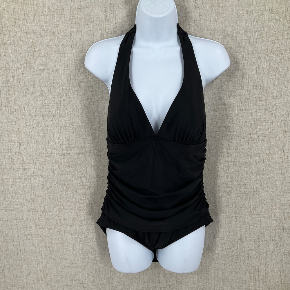 Boden One Piece Swimsuit Womens 10 Black Halter Ruched Tummy Control Resort